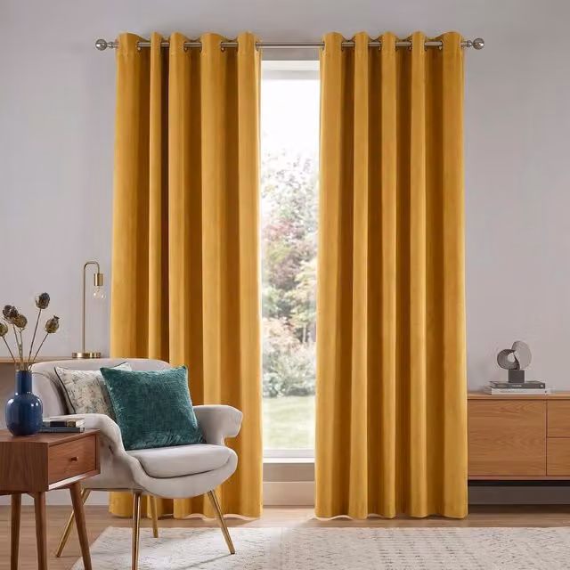 Livinluxury Velvet Chenille Eyelet Ring Top Curtains, Yellow, Height: 183 cm