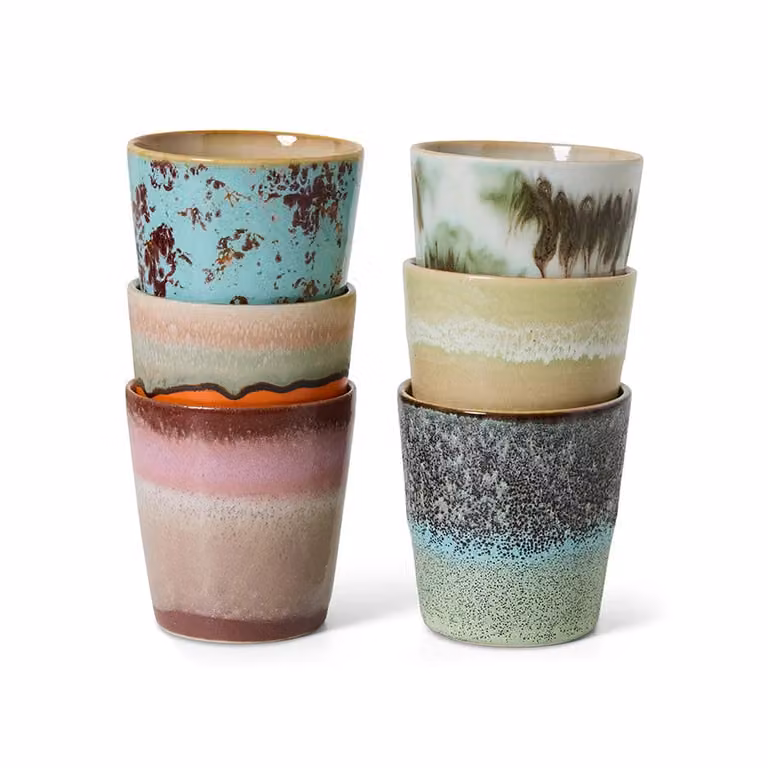HKLIVING 70s Surreal Ceramic Coffee Mug Set of 6, Multicolour