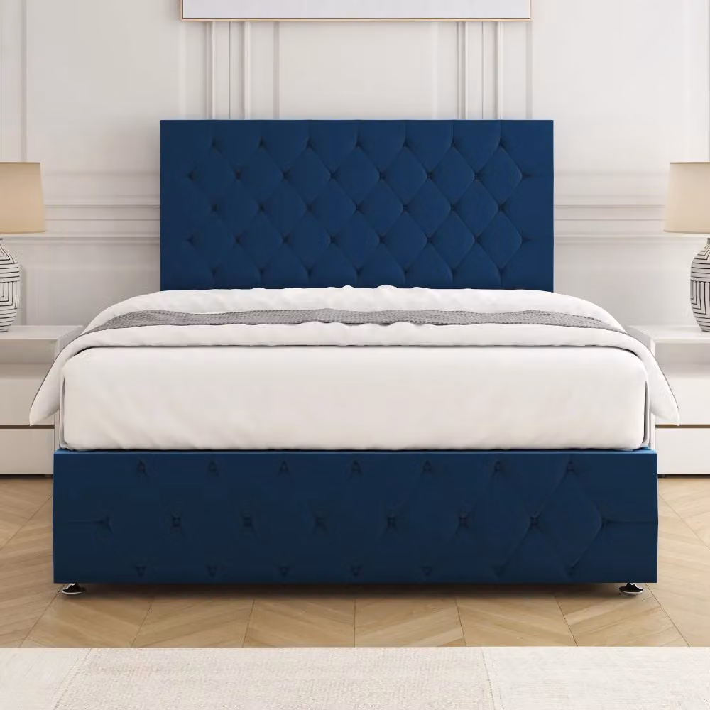 BSSPOKE Mulberry Blue Velvet Double Divan Bed with 24 inch Chesterfield Headboard and 2 Drawers, W/D/H: 140 x 200 cm – 2