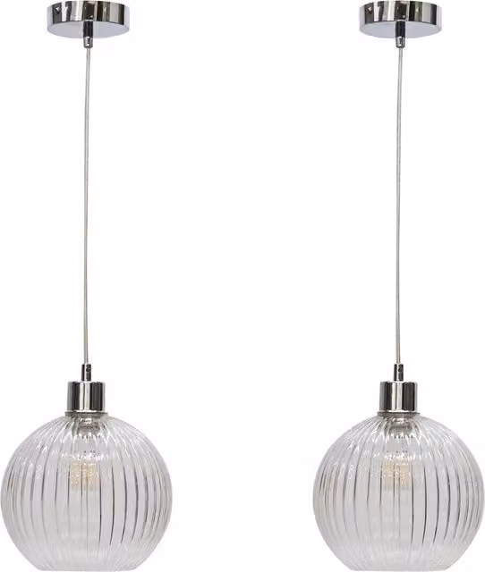 First Choice Lighting Betchley Set of 2 Suspended Pendant Lights with Transparent Ribbed Glass Globes and Chrome Finishes