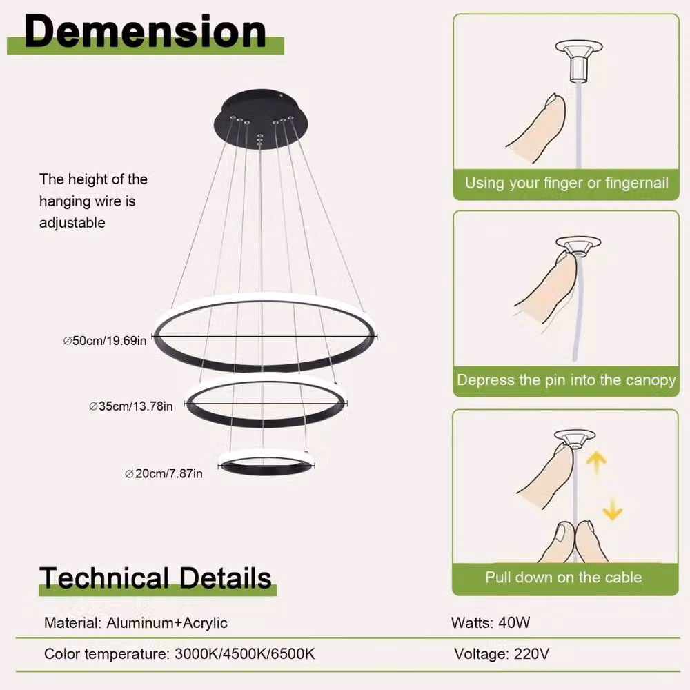 Kelvenix Modern Dimmable LED Ring Pendant Light in Black – 2