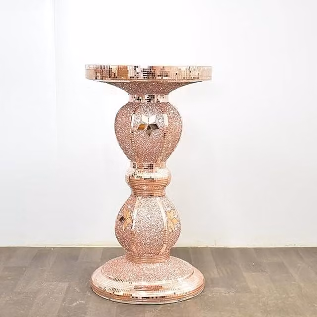 Biznest Rose Gold Glitter Mirrored Ceramic Round End Table, W/D/H: 40 x 40 x 60 cm