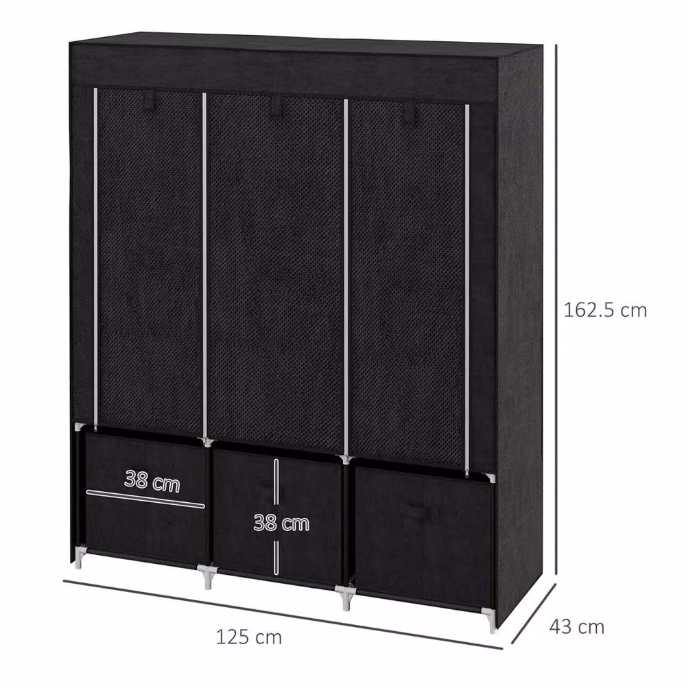 HOMCOM Portable Fabric Wardrobe in Black with Roll Shutter, Hanging Rod, Internal Shelves and Drawers, H 162.5 x W 125 x D 43 cm – 2