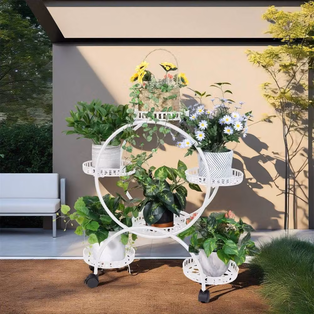 KORVIXA 6-Potted Metal Garden Cart Plant Stand in White – 2
