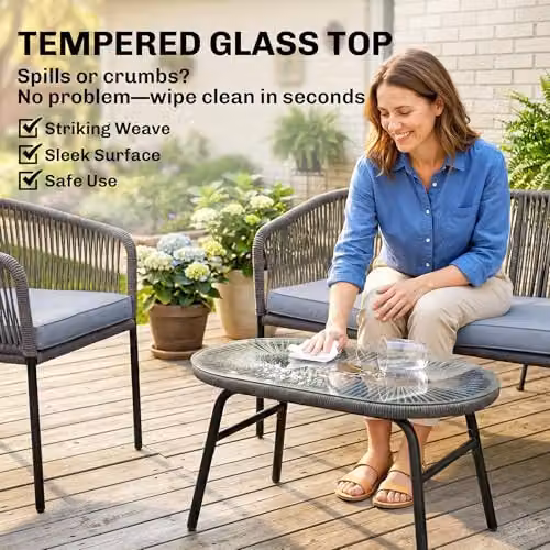 Outsunny 4 Piece Grey Rope Woven Garden Furniture Set with Upholstered Cushions – 4