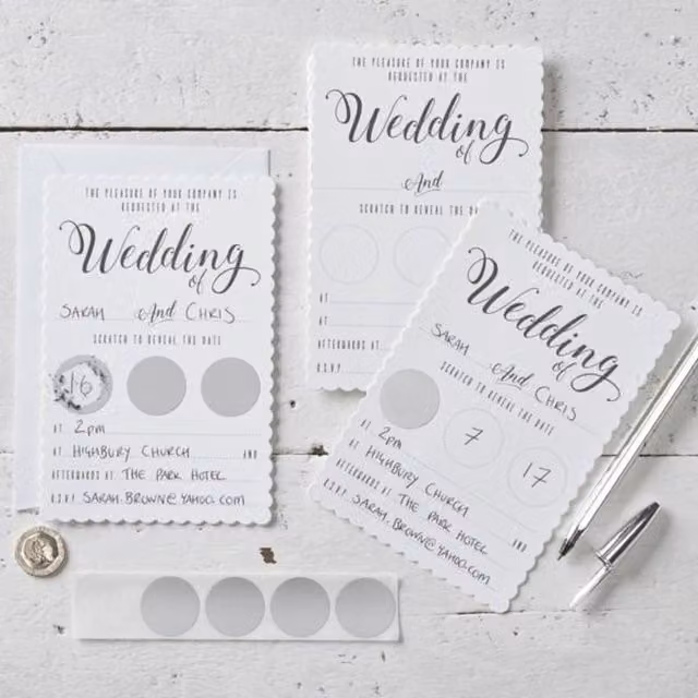 KDMD White and Silver Scratch The Date Wedding Invitations with Scratch and Reveal Feature