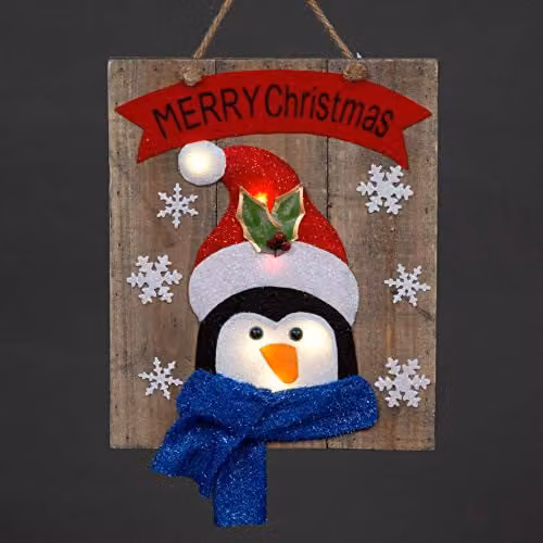 Shatchi Blue Wooden Penguin and Snowflake Christmas Wall Hanging with LED Lights, W/H: 30 x 36 cm – 1