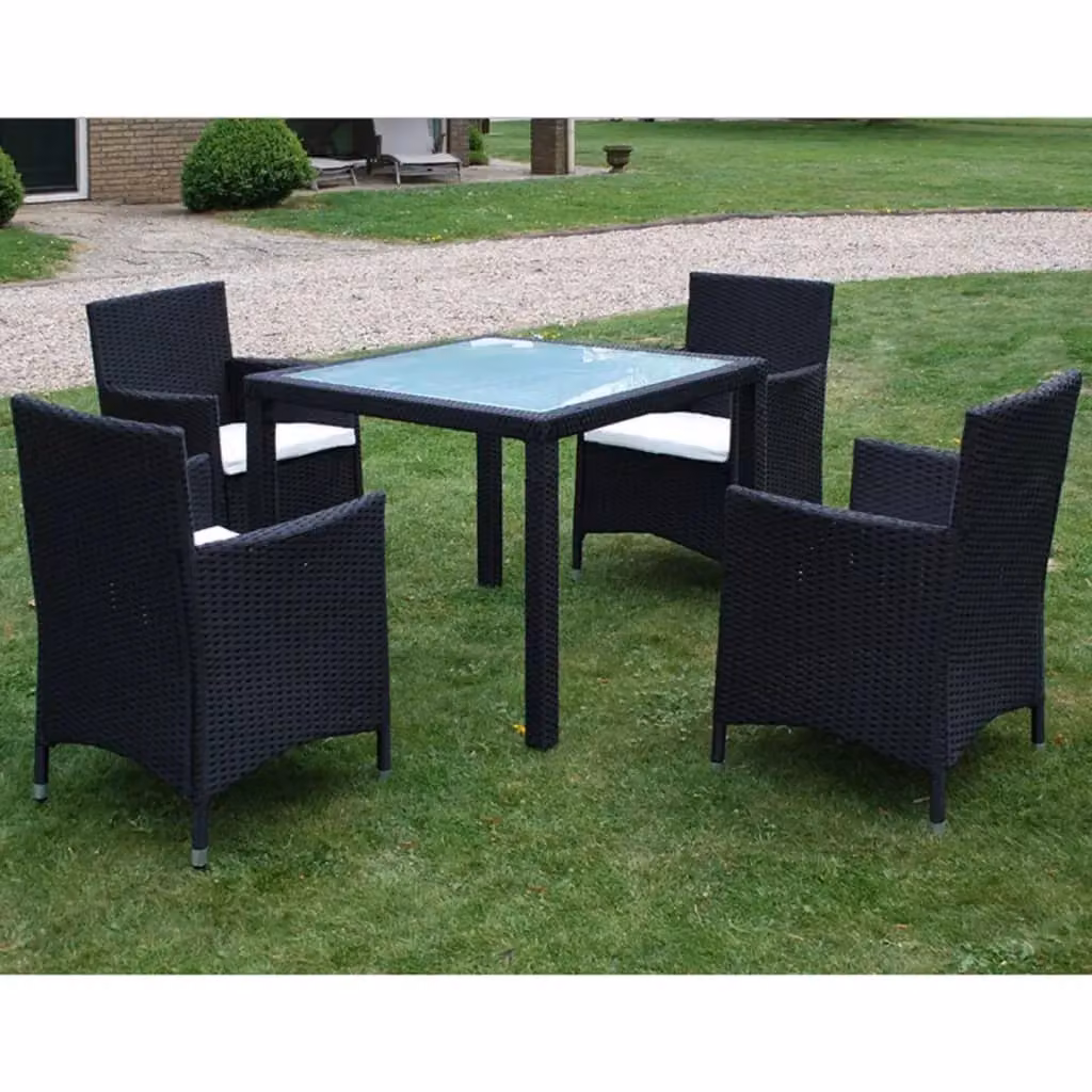 Berkfield Home 5 Piece Black Poly Rattan Outdoor Dining Set with Glass Top Table and Cushions – 2