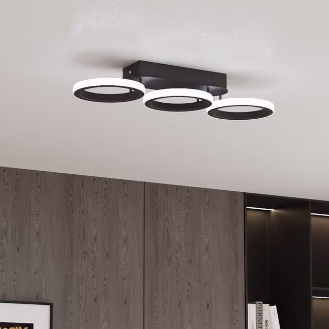 Livingandhome Modern LED Three-Ring Ceiling Light in Black