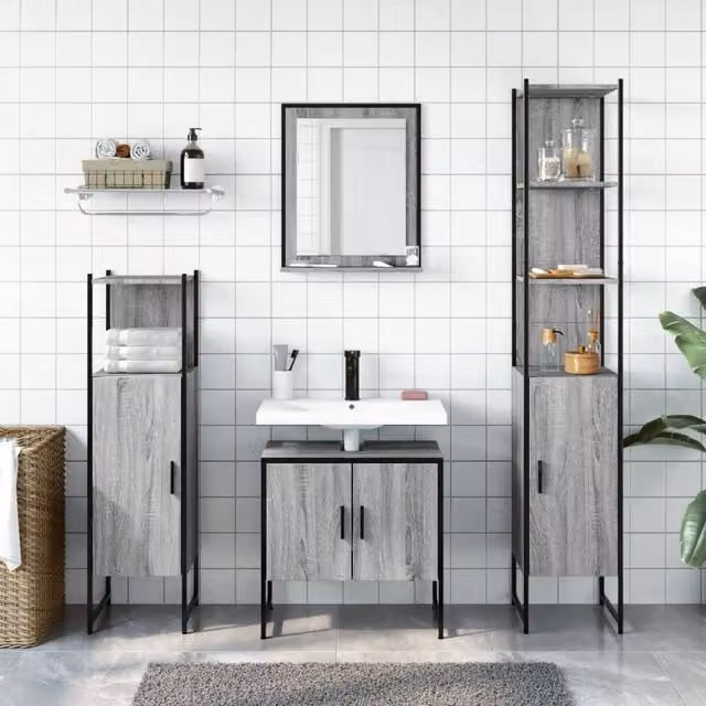Berkfield Home 4 Piece Grey Bathroom Cabinet Set including Vanity Unit, Tall Cabinet, Side Cabinet and Mirror Cabinet – 1