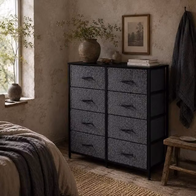 Wyld Haus Sarofi 8 Drawer Fabric Chest with Steel Frame, Black and Grey – 1