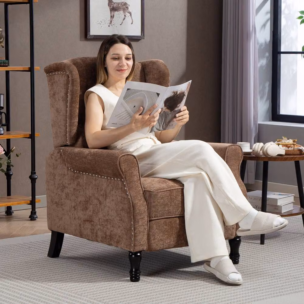STILVORA Brown Microfibre Recliner Armchair with Integrated Footrest and Solid Wood Frame – 2
