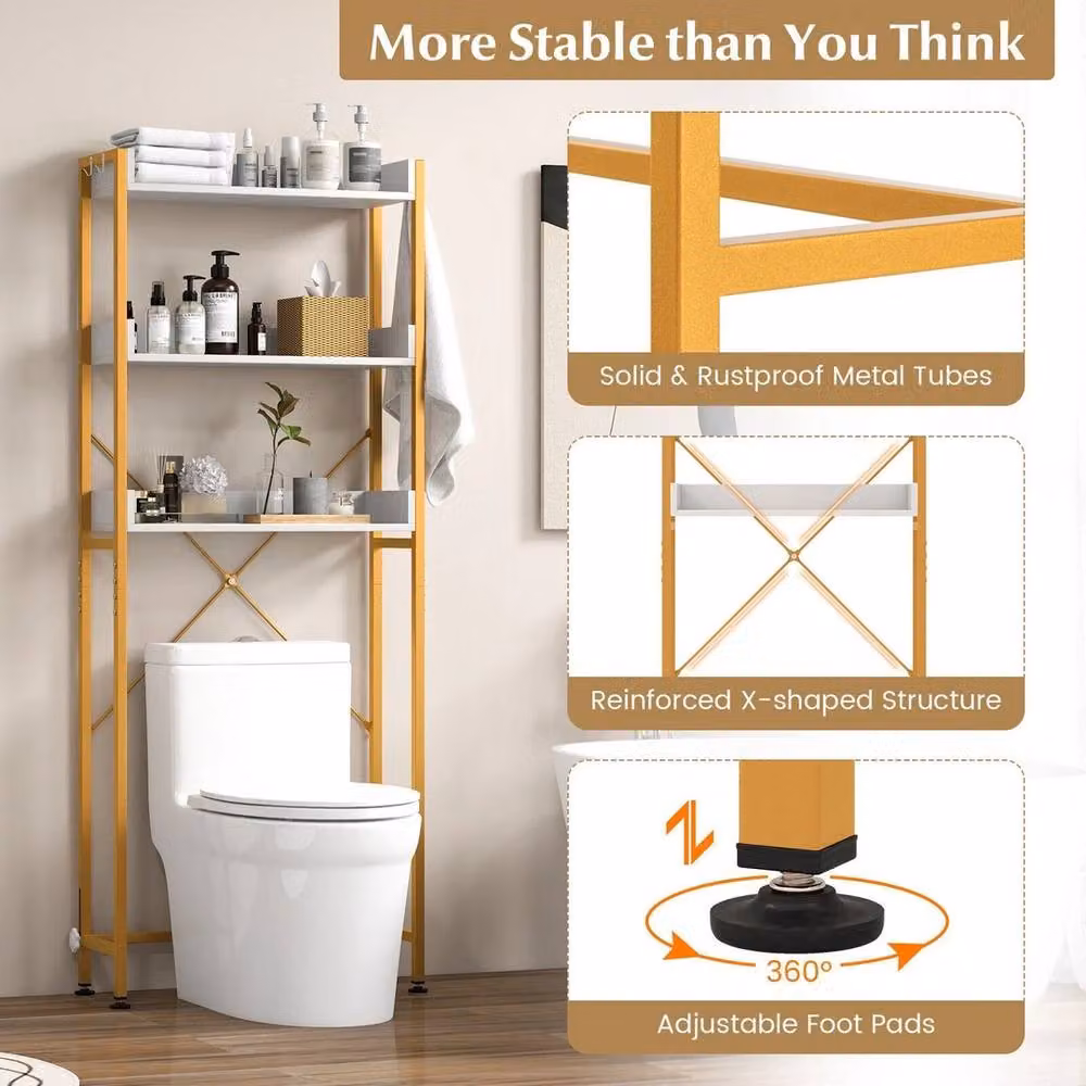 ERGOVEXA 3-Tier Over The Toilet Bathroom Storage Shelf Rack in Gold – 2