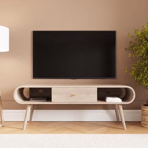 GFW Vionna Curved Mid-Century TV Unit with Drawer and Open Shelving, Brown Oak Effect, W: 140 cm, H: 50 cm, D: 38.5 cm