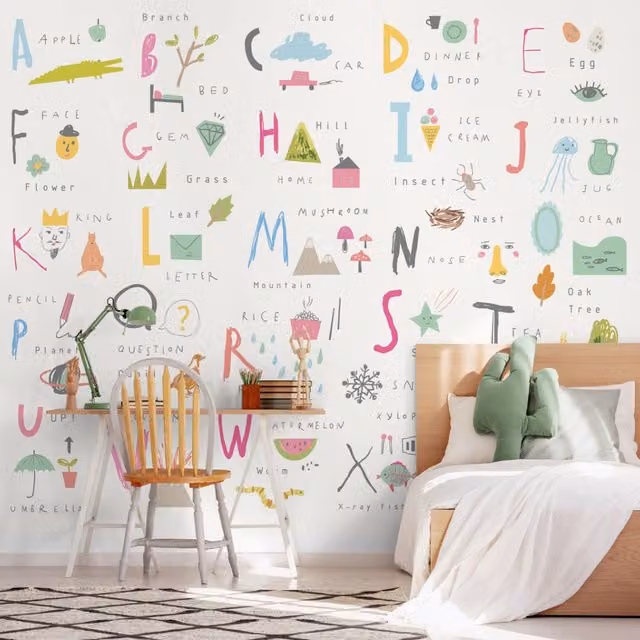 Origin Murals Childrens Alphabet Illustrations Scandinavian Wall Mural in Pink and Multicolour
