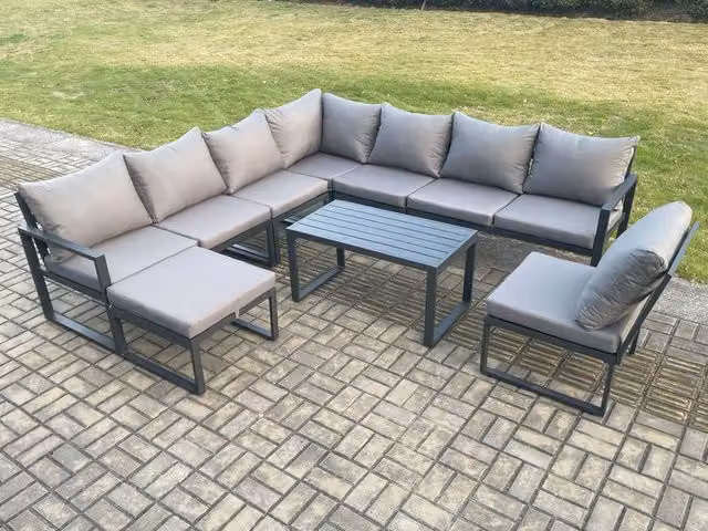 Fimous 9 Seater L-Shape Outdoor Garden Furniture Set in Dark Grey with Powder Coated Aluminium Frame, Oblong Coffee Table and Matching Ottoman