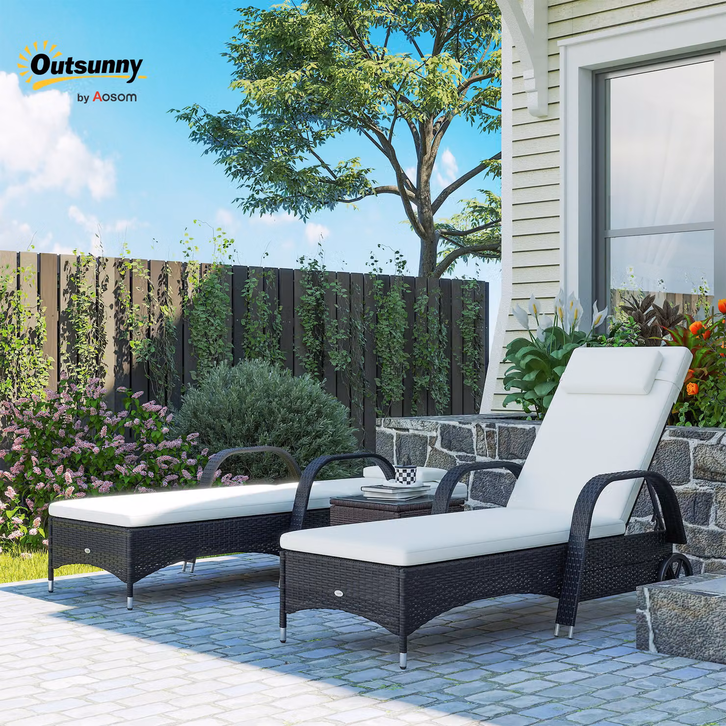 Outsunny 3 Piece Black PE Rattan Patio Lounge Chair Set with Cushions and Side Coffee Table – 3