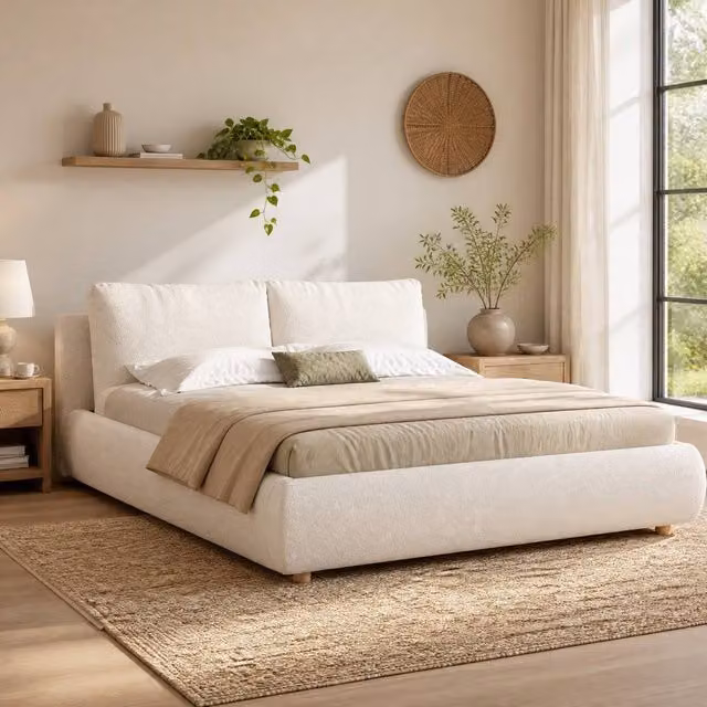 STILVORA Double Ottoman Storage Bed Frame with White Boucle Upholstery, W/D/H: 140 x 200 x 29.5 cm – 1