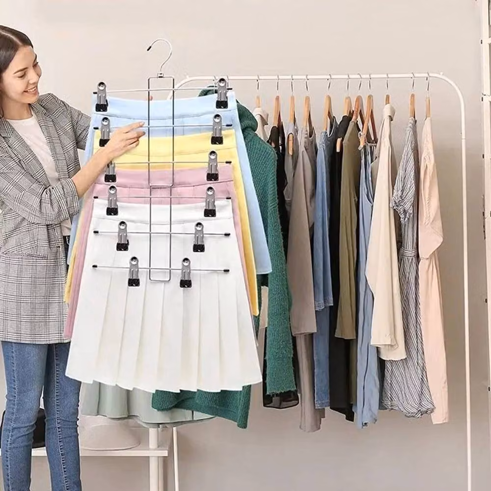 FLAVORA Silver Metal Skirt and Trouser Hangers with Clips, Space Saving and Non-Slip – 2