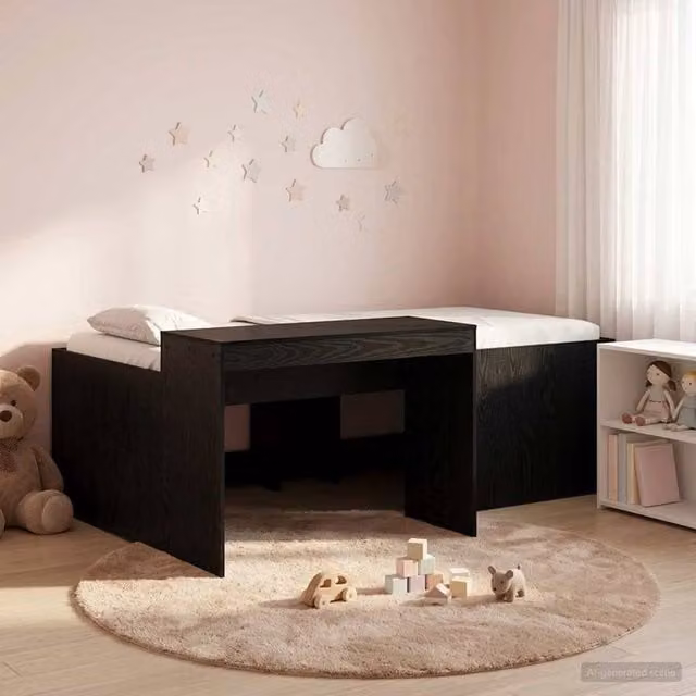 Berkfield Home Kids' Modern High Single Bed Frame with Desk in Black Engineered Wood – 1