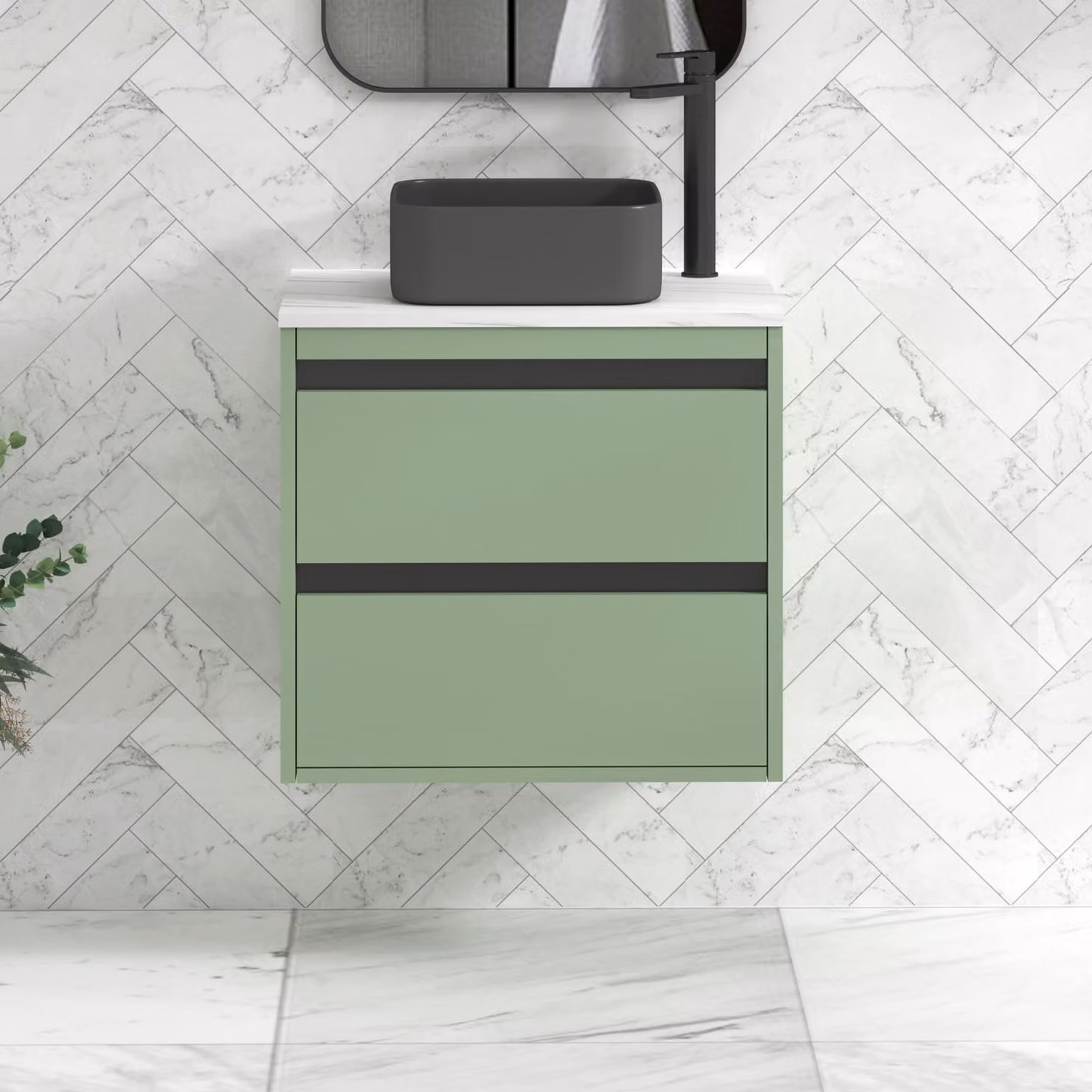 Royal Bathrooms Orion 600mm Wall Hung Mint Sage Vanity Unit with 2 Drawers and Art Square Basin with Black Accent Trim