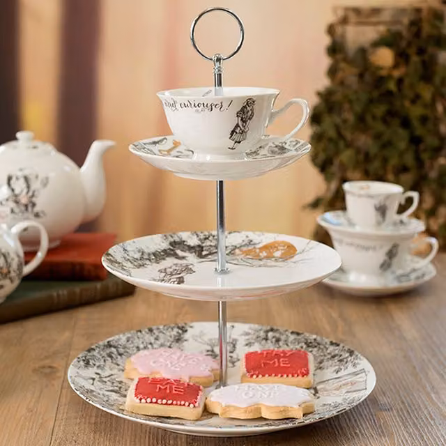 Victoria And Albert Alice In Wonderland 3 Tier Round Bone China Cake Stand in White, Black and Gold