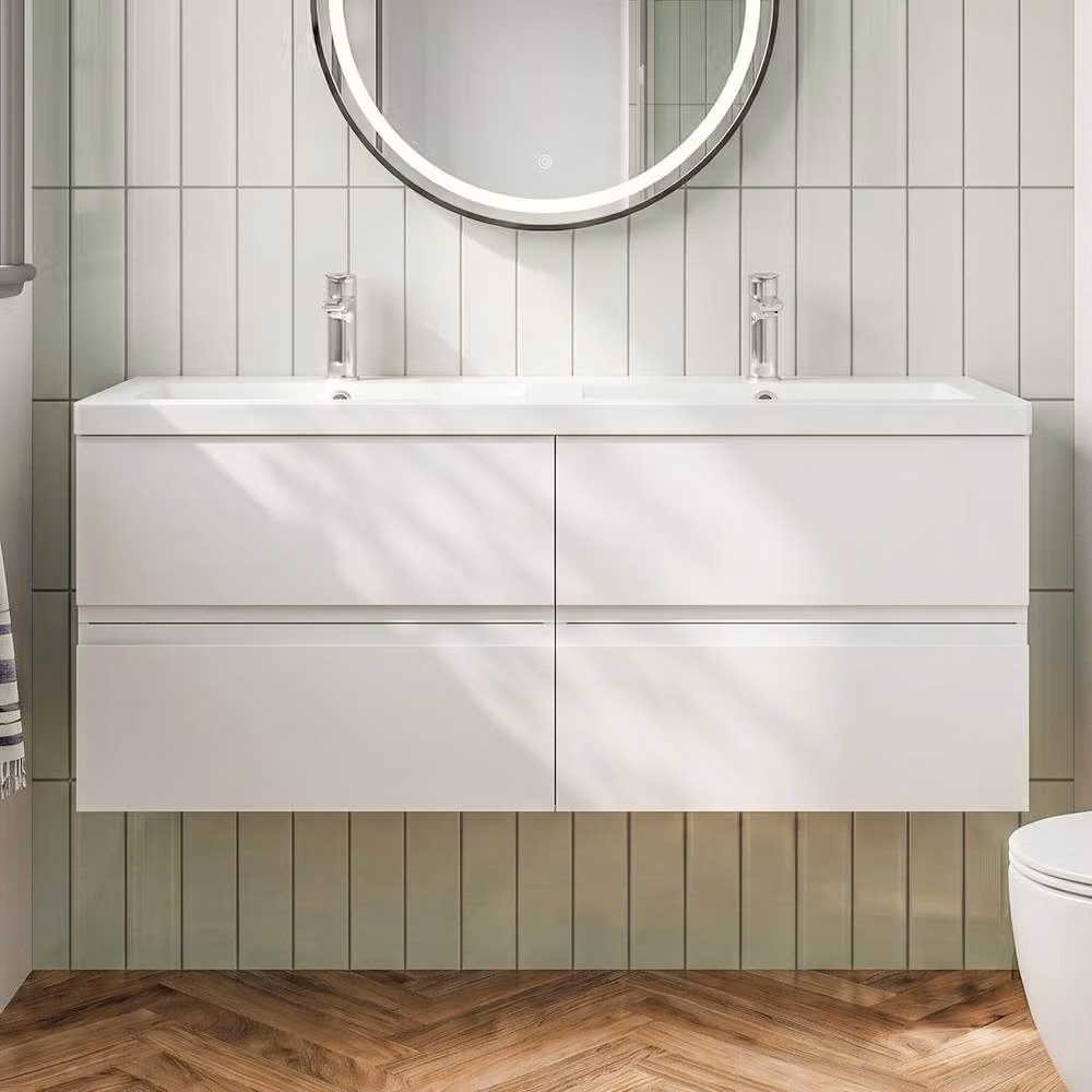 Balterley Mavesyn 4 Drawer Wall Hung Vanity Basin Unit, Satin White, Width: 120 cm – 2