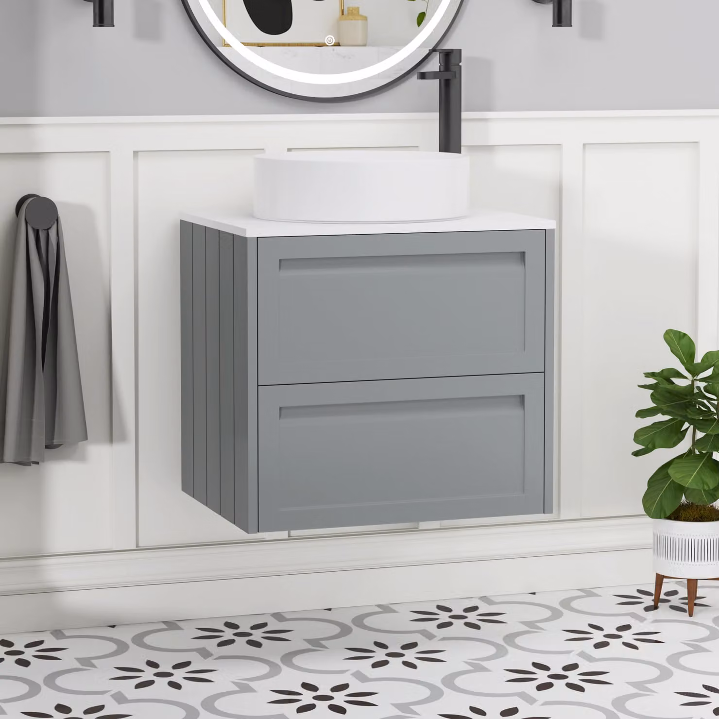 Royal Bathrooms Elmore Wall Hung Vanity Unit with 2 Drawers and Plain White Worktop, Matt Pebble Grey, Width: 60 cm