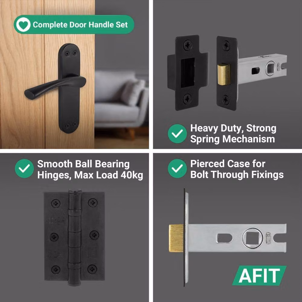 AFIT Matt Black Twist Handle Latch Hinges Set with Novi Backplate, 4 Pairs, 150 x 150 mm – 4