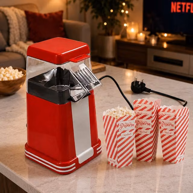 Gr8 Home Retro Electric Hot Air Popcorn Maker Machine, 1200W, Red with 6 Serving Boxes