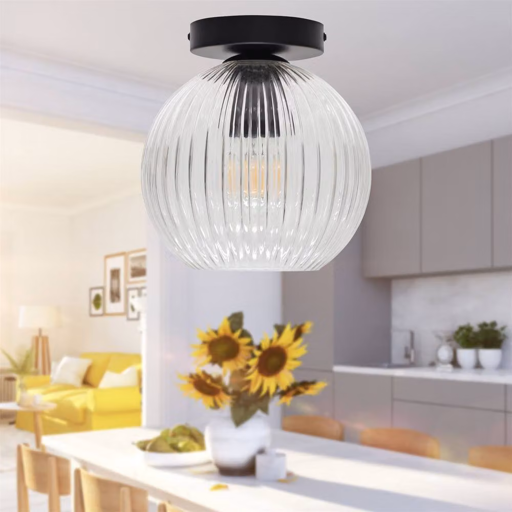 First Choice Lighting Betchley Black Ceiling Light Fitting with Transparent Ribbed Glass Sphere – 3