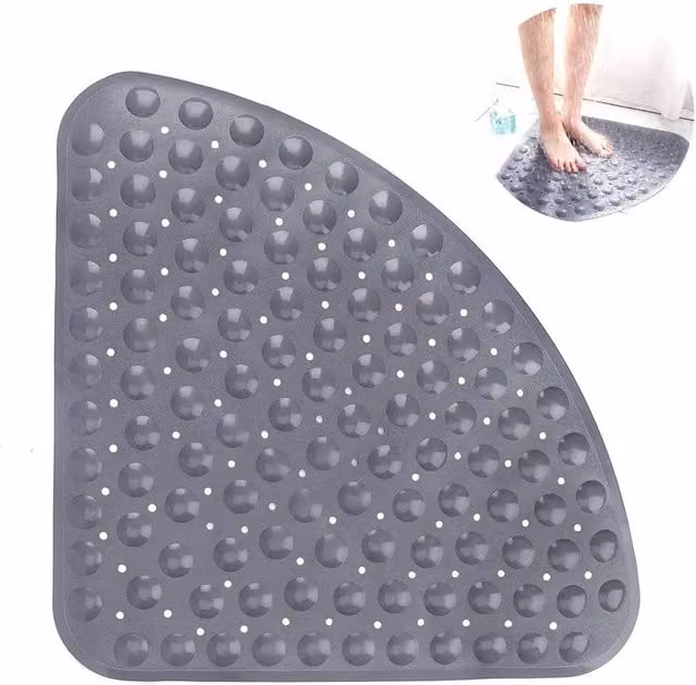 KORVIXA Non-Slip Triangular Suction Corner Shower Mat in Grey, W: 60 cm, D: 45 cm