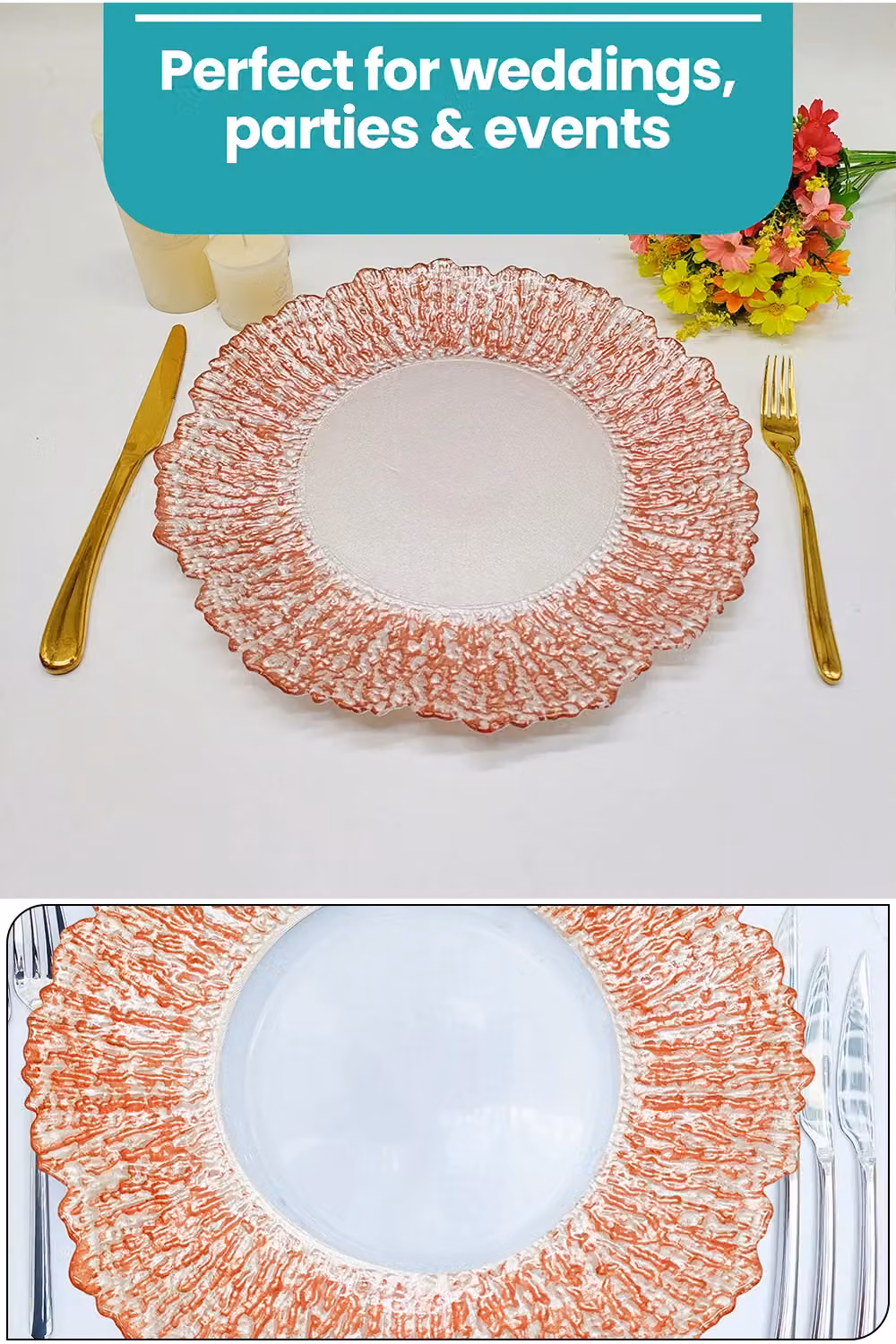 Neel Blue Set of 12 Crackled Glass Charger Plates in Blue and Metallic Gold, Diameter: 33 cm – 2