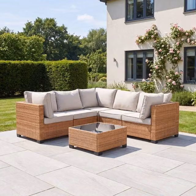 Artemis Home Saviano 5 Seat Modular L-Shaped Rattan Corner Set with Outdoor Coffee Table in Tan and Beige