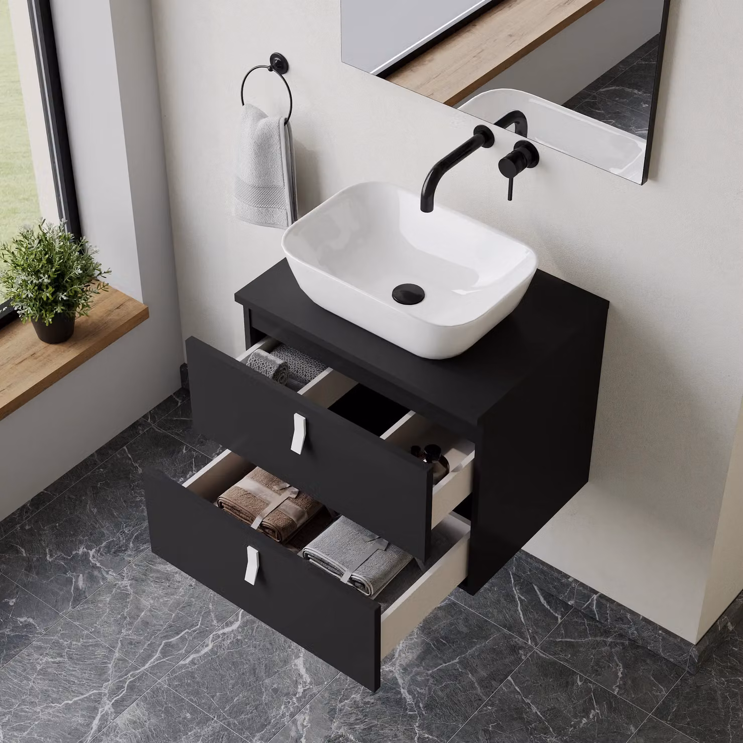 Banyetti Invicta 600mm Wall Hung Vanity with Matching Worktop, Matt Black – 2