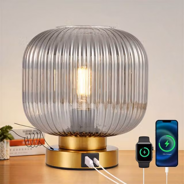 Harper Living Dimmable Touch Control Table Lamp with Smoked Grey Glass Shade and Gold Brass Base, E27 Socket