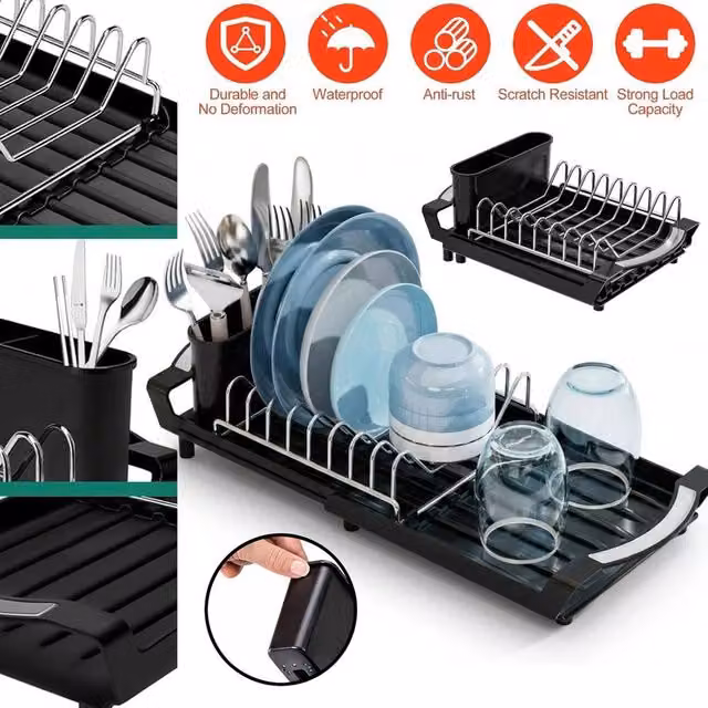 FORGEVIO Black Coated Steel Rectangular Dishware Drying Rack with Drip Tray – 1