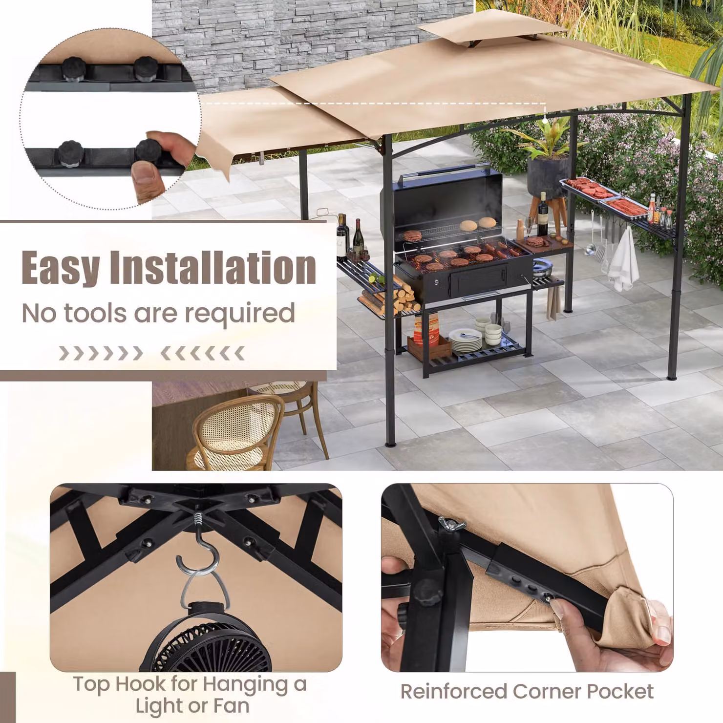Costway Grill Gazebo Outdoor Barbecue Canopy Tent with Side Awning, Beige, W: 318 cm, D: 153 cm, H: 250 cm – 7