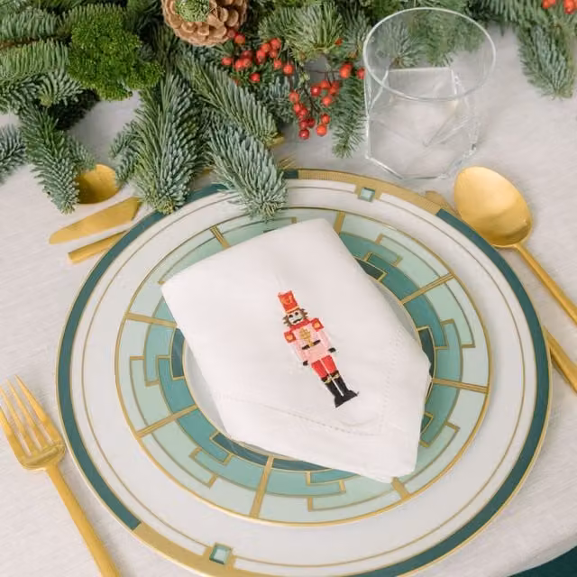 Mafra White Linen Christmas Napkins and Placemats with Embroidered Nutcrackers