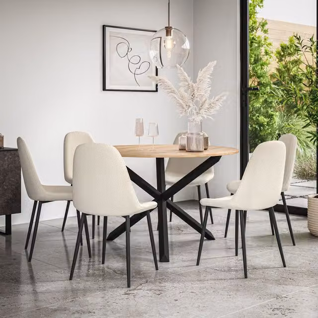 More4Homes Malvern Round Dining Table and 6 Maya Boucle Dining Chairs Set, Oak Table Top with Black Legs and Ivory Chairs, Diameter: 120 cm, Height: 75 cm