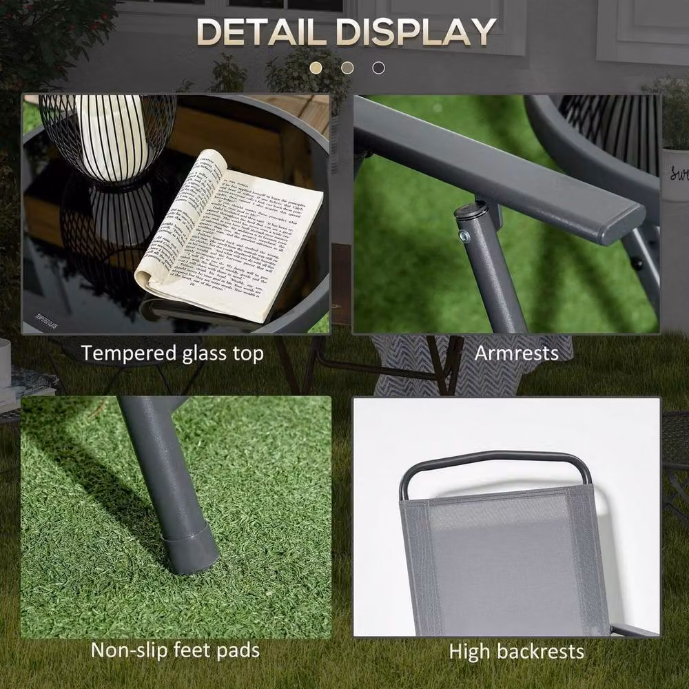 NESTLUNE Grey Metal Patio Bistro Set with Folding Chairs and Coffee Table – 3