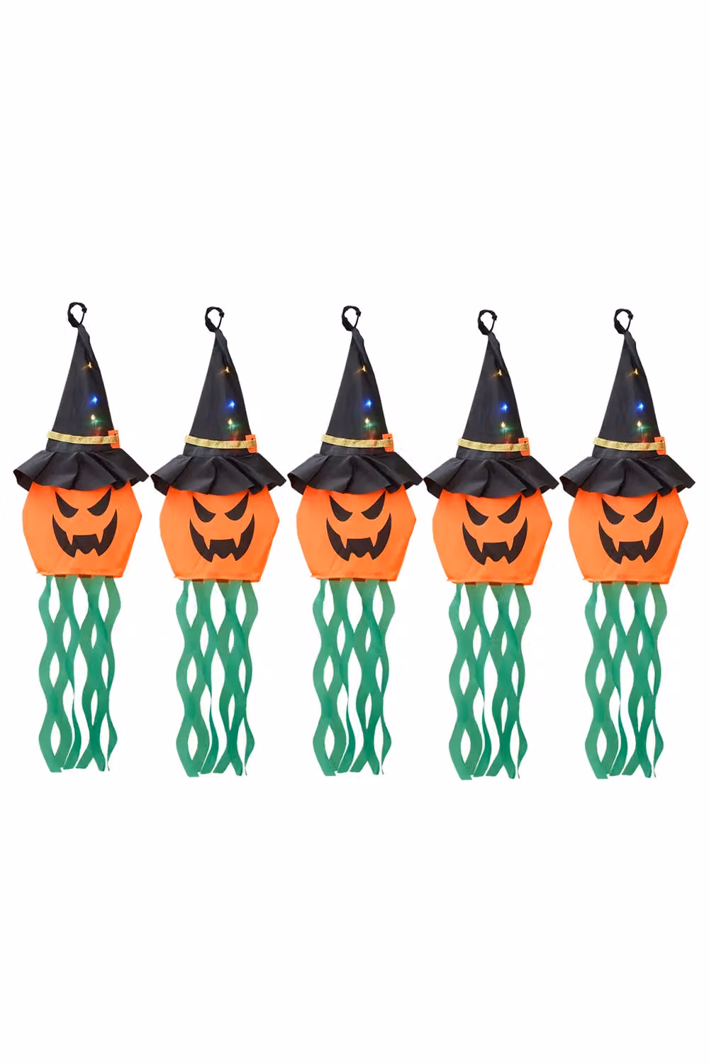Living and Home 5-Piece Halloween Taffeta Pumpkin and Witch Hat Decorations with Tassels, LED Lights and Rope in Black, Green and Orange – 2