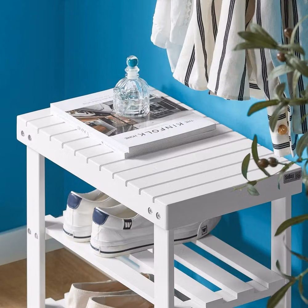 SoBuy White Solid Wood Slatted Entrance Shoe Rack and Bench – 3