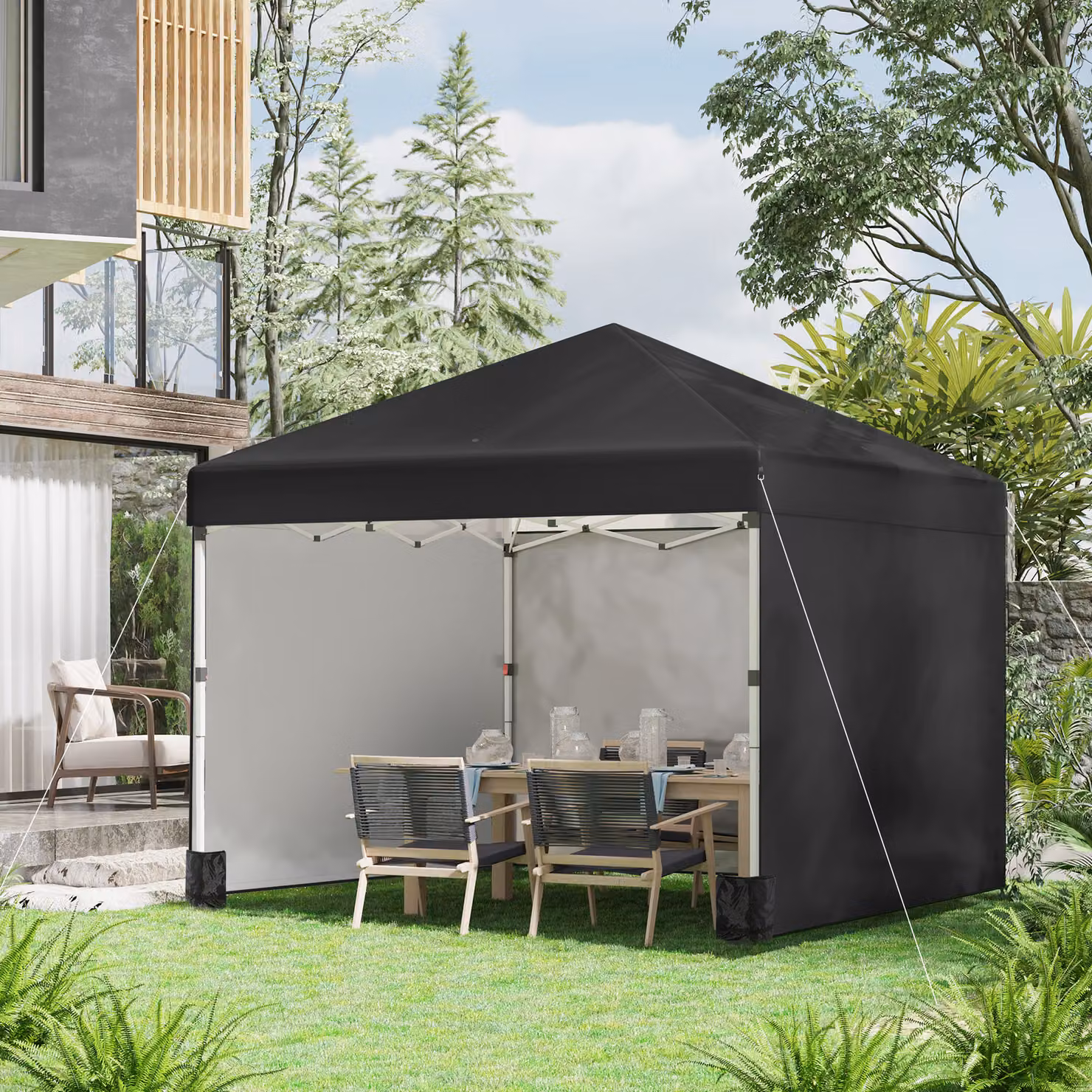 Outsunny Black Metal Frame Pop Up Event Shelter Gazebo with 2 Sidewalls, Weight Bags and Wheeled Bag, W: 300 cm, D: 300 cm, H: 285 cm – 2