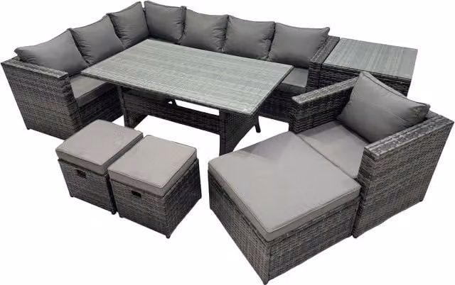 Fimous 10-Seater Outdoor PE Rattan Sofa and Dining Set with Tempered Glass Table in Dark Grey Mixed
