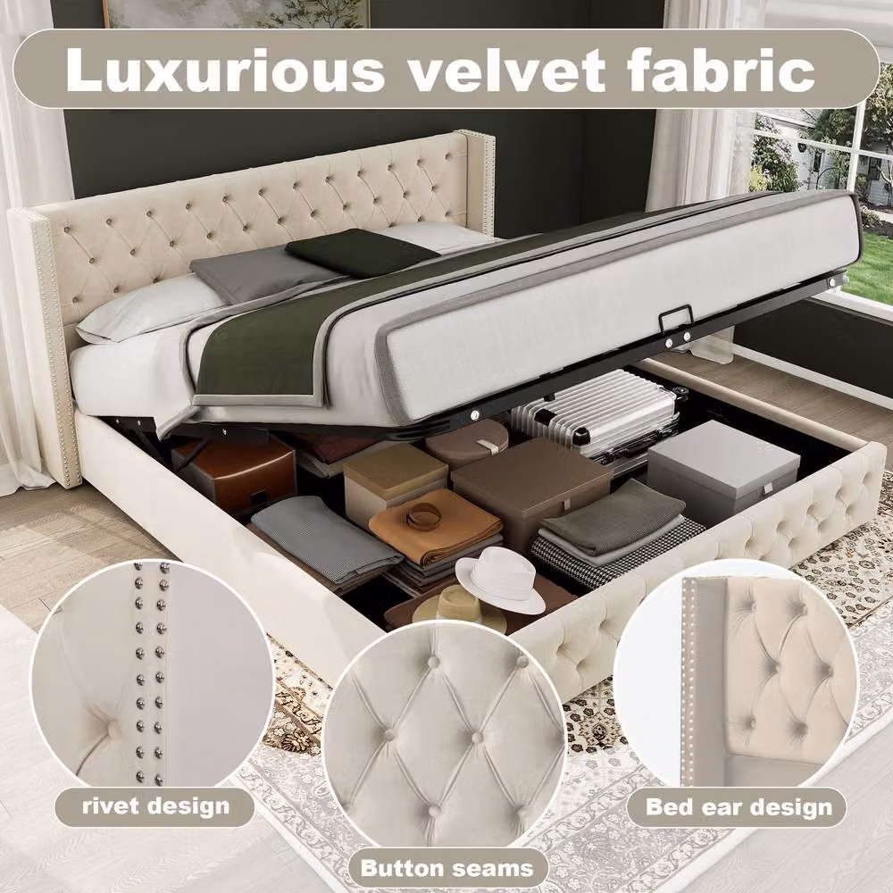 Merax Velvet Double Ottoman Storage Bed Frame, Beige, W: 135 cm, L: 190 cm – 2