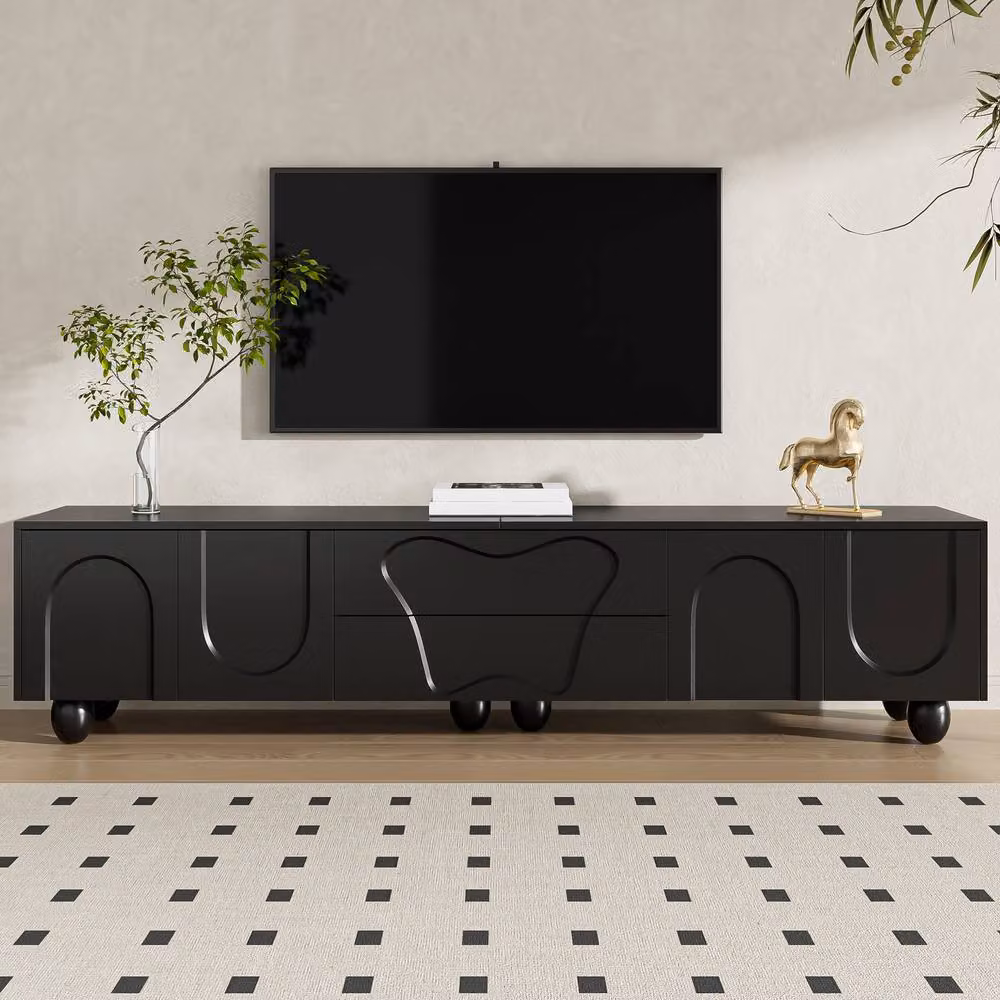 ModernLuxe Black Modern TV Unit with Storage Drawers and Wooden Legs, W: 180 cm, D: 40 cm, H: 42 cm – 2