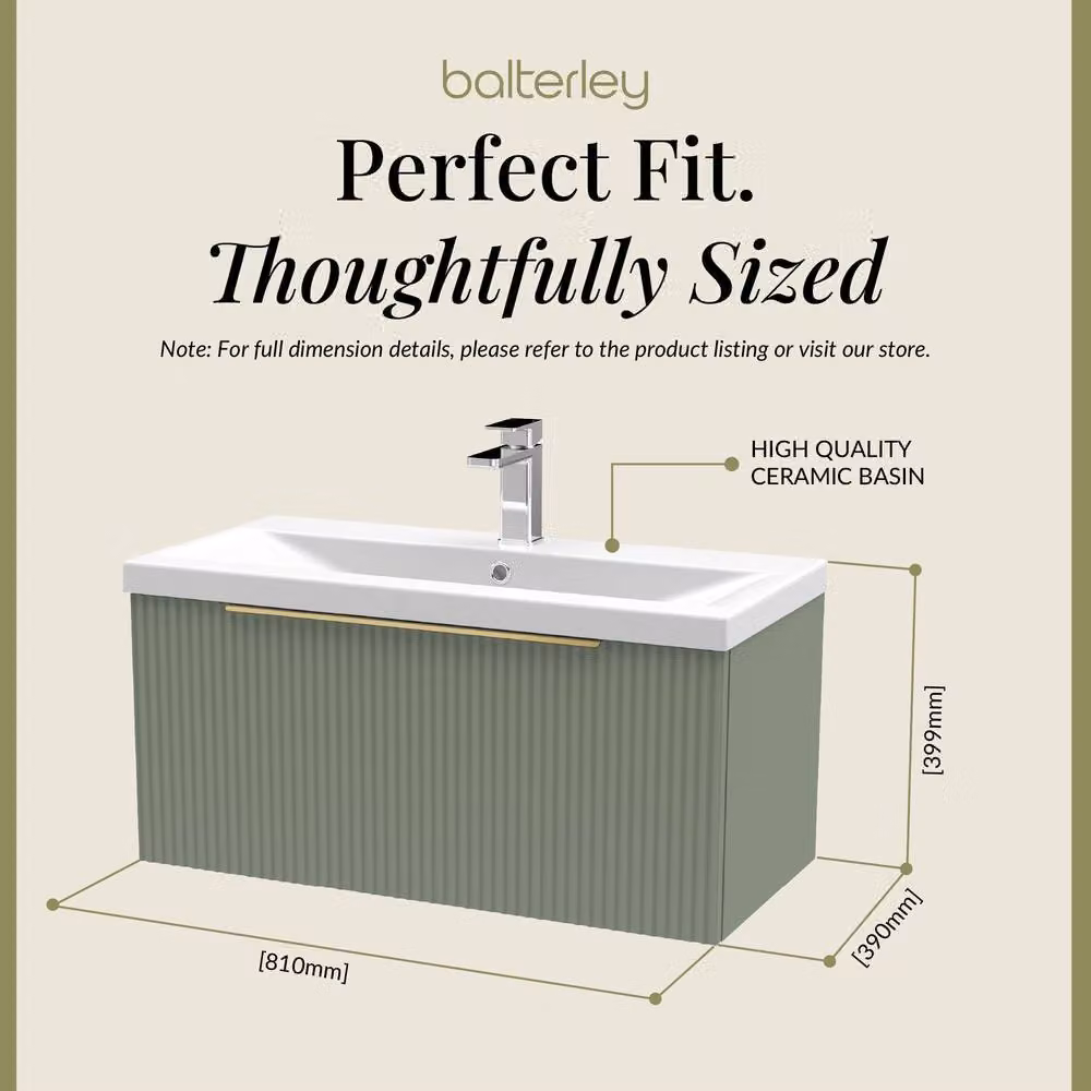 Balterley Fluted Front Wall Hung 1 Drawer Vanity Basin Unit, Satin Green, W: 80 cm – 3