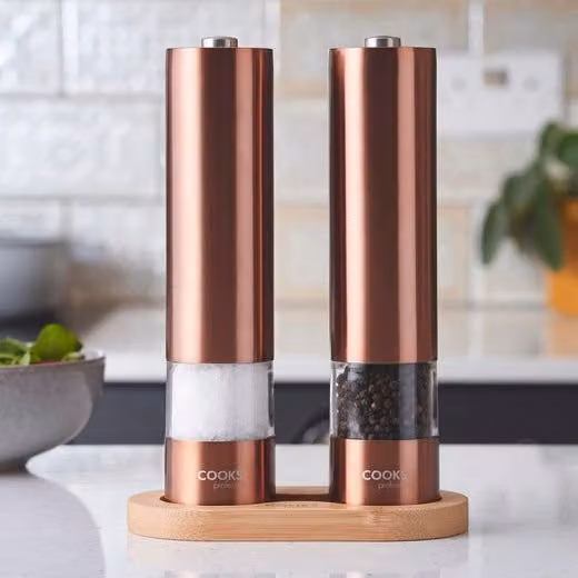 Cooks Professional Electric Salt and Pepper Mill Set with Bamboo Base in Copper