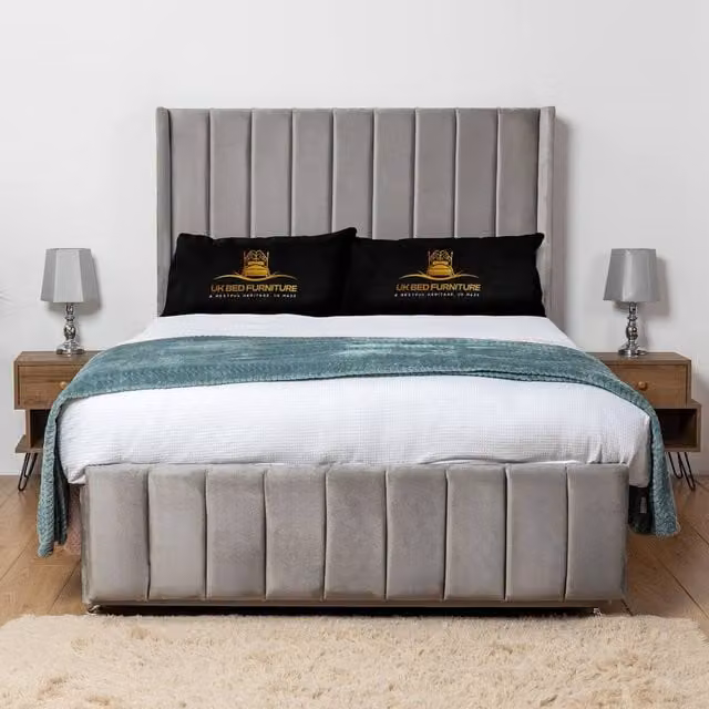 UK Bed Furniture Arizona Grey Velvet Wingback Divan Bed Base with 54 Inch Headboard, W/D/H: 140 x 200 cm